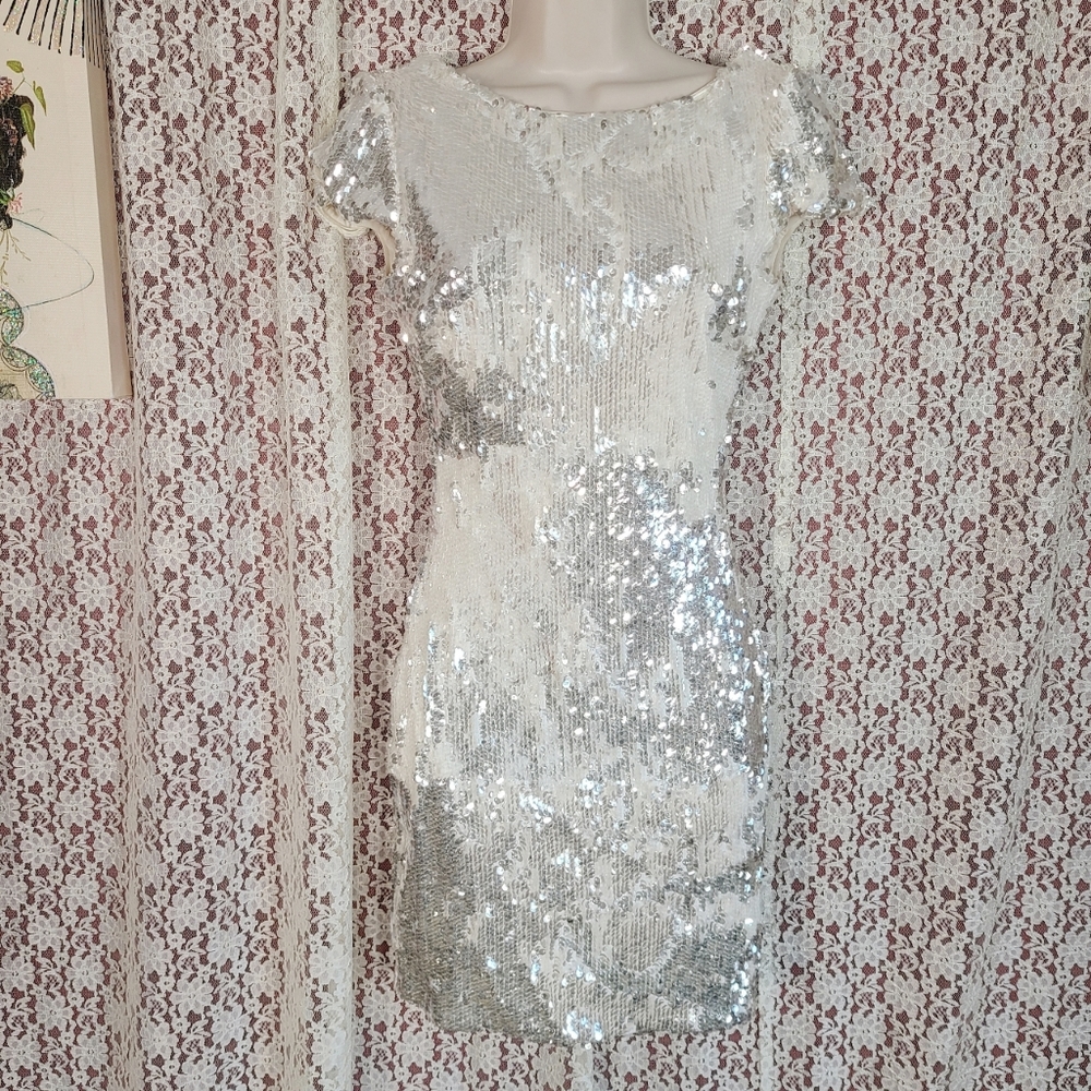 DRESS Dress the population silver white sequin bodycon dress xs